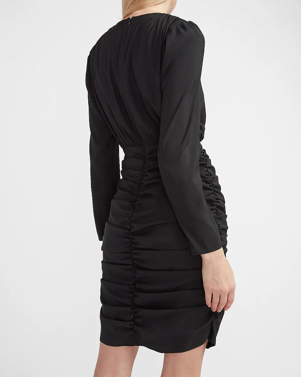 Ruched Ruffle Skirt Wrap Dress in Pitch Black