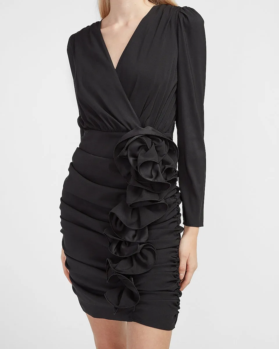 Ruched Ruffle Skirt Wrap Dress in Pitch Black