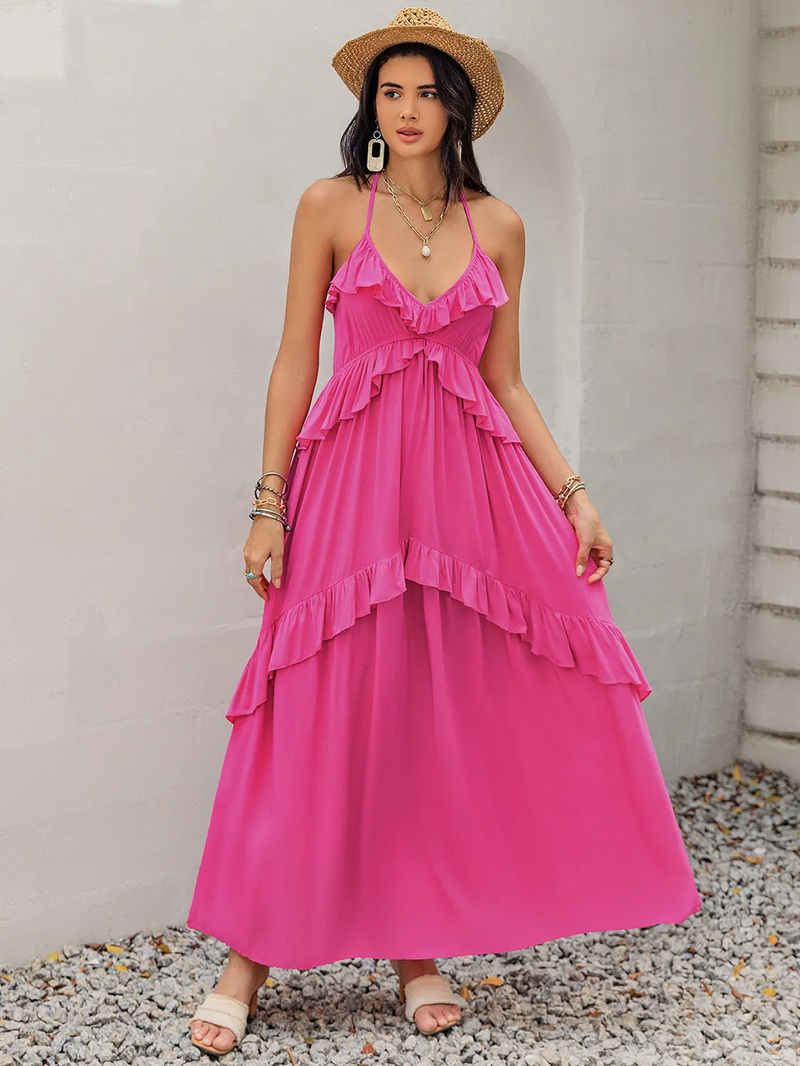 Ruffled Hot Pink Maxi Beach Dress