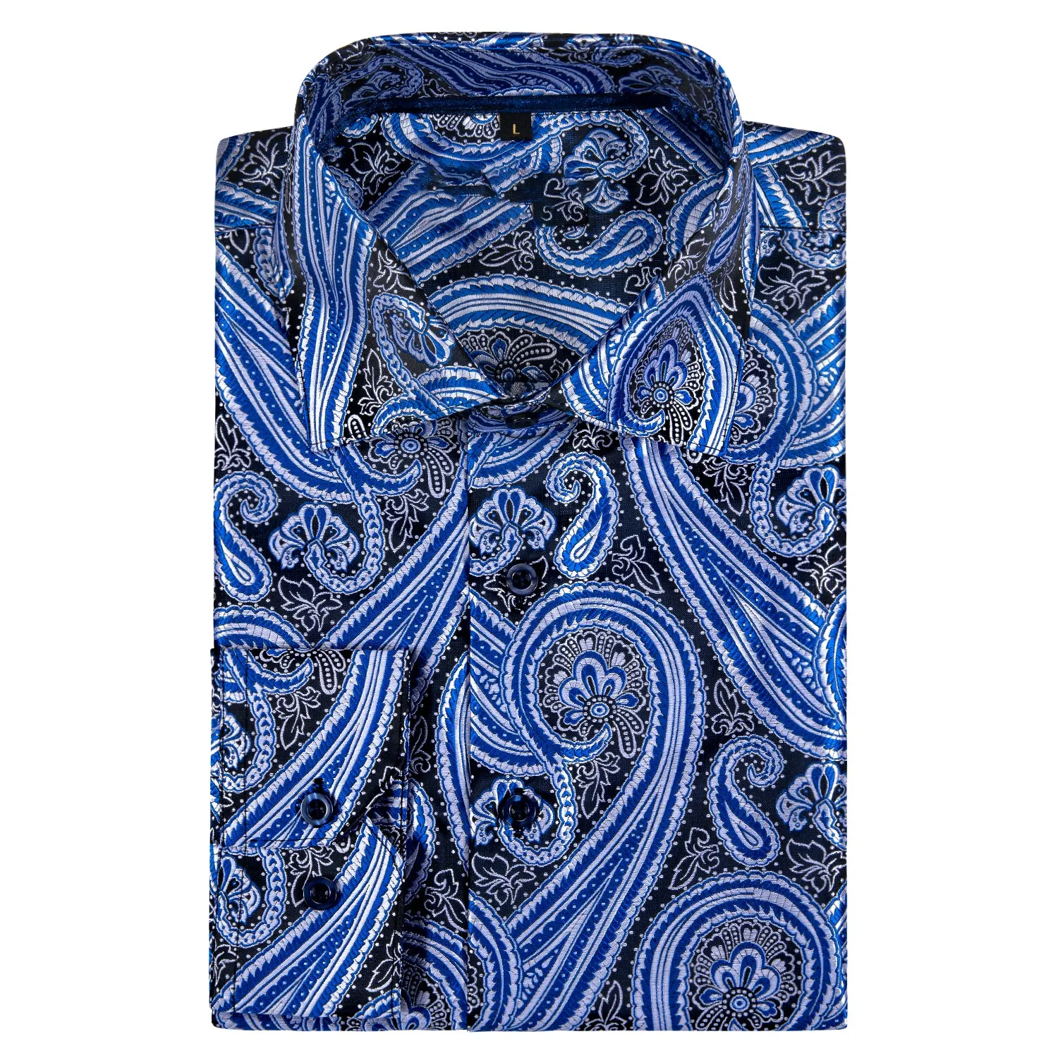 Silver Blue Paisley Style Silk Men's Long Sleeve Shirt