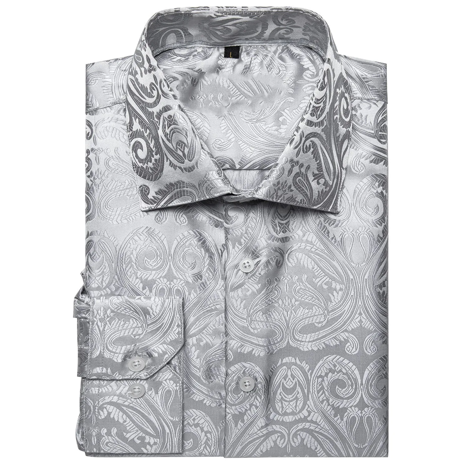 Silver White Floral Silk Men's Long Sleeve Shirt