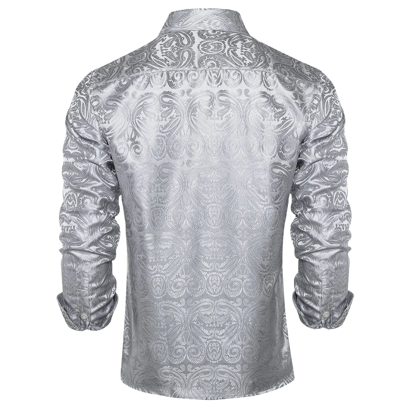 Silver White Floral Silk Men's Long Sleeve Shirt