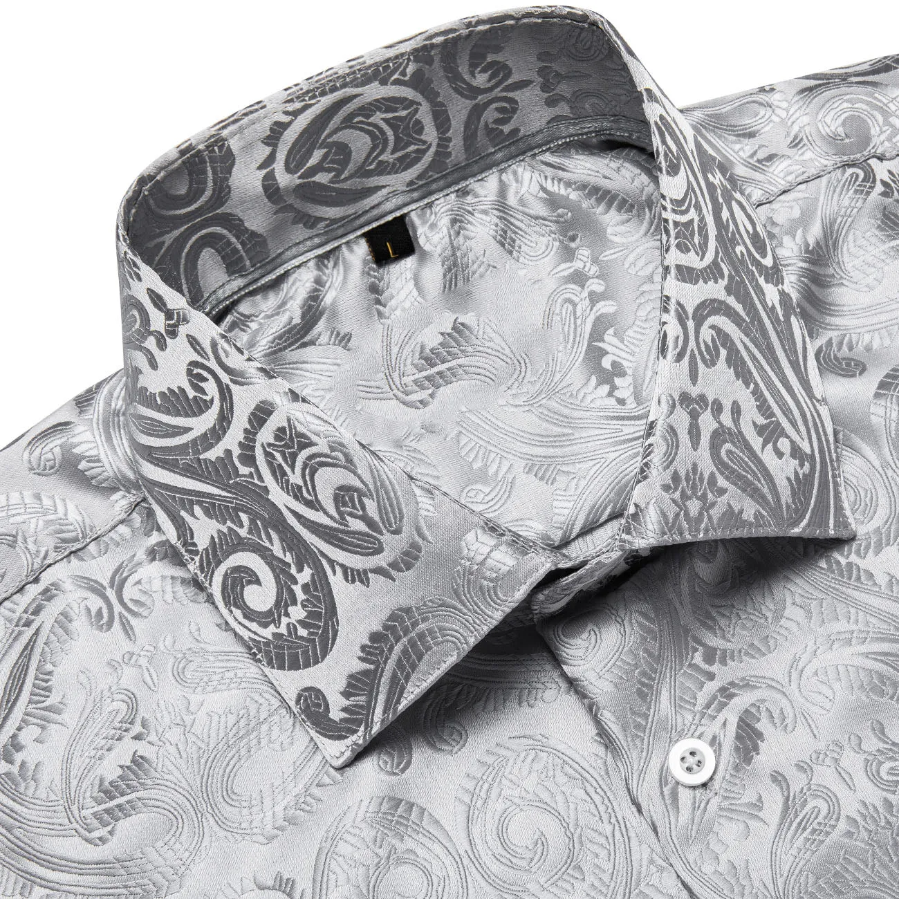 Silver White Floral Silk Men's Long Sleeve Shirt