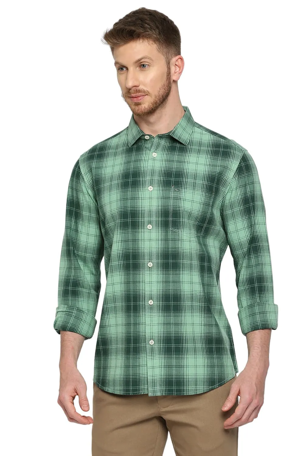 Slim Fit Cotton Herringbone Twill Checks Shirt