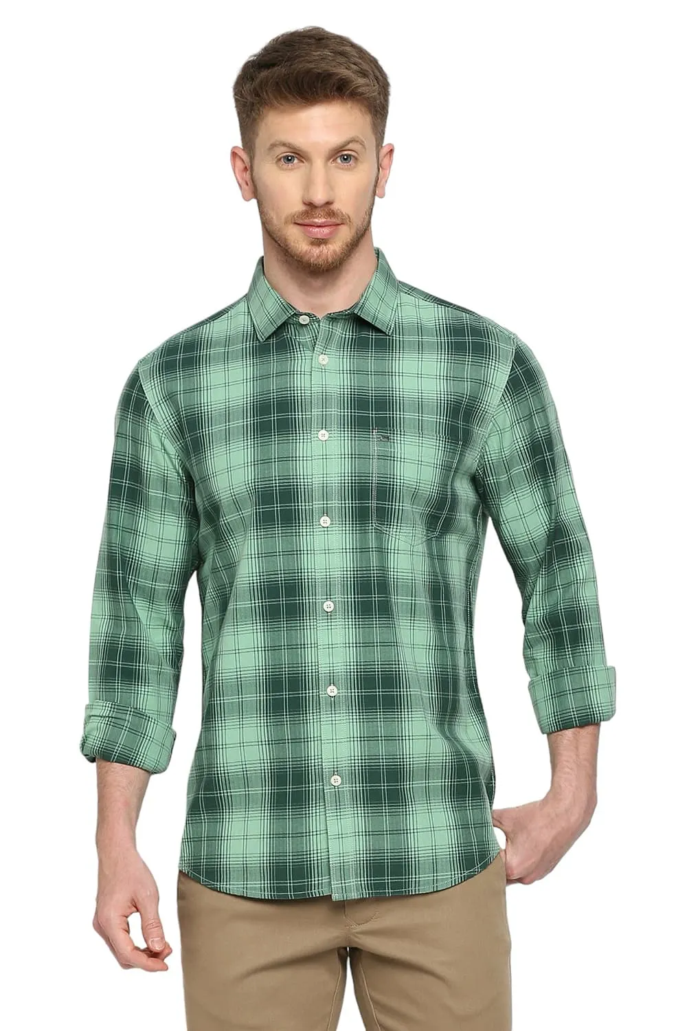 Slim Fit Cotton Herringbone Twill Checks Shirt