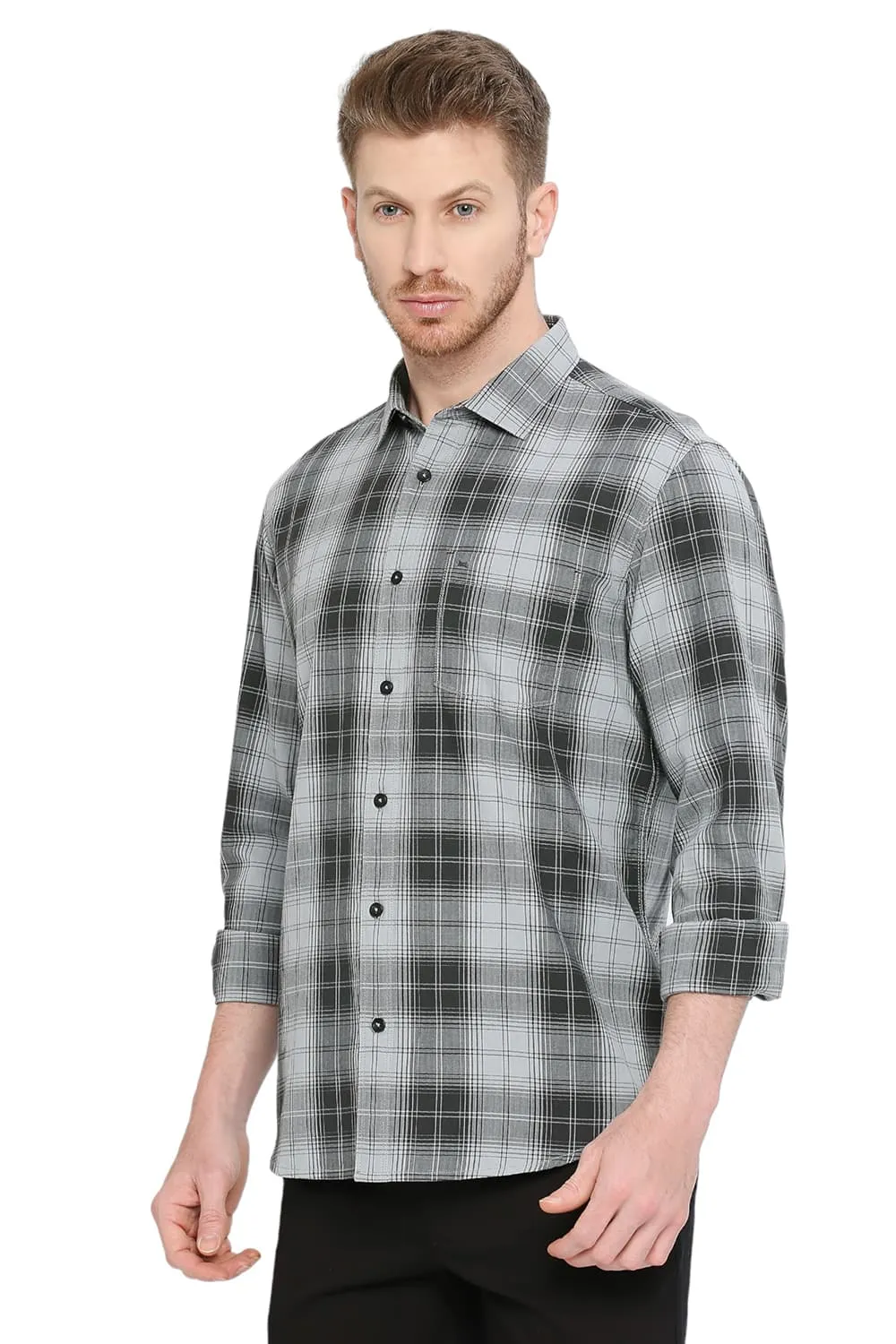 Slim Fit Cotton Herringbone Twill Checks Shirt