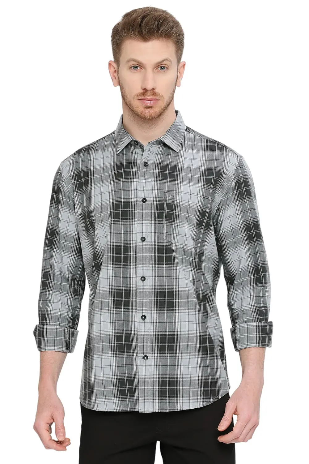 Slim Fit Cotton Herringbone Twill Checks Shirt