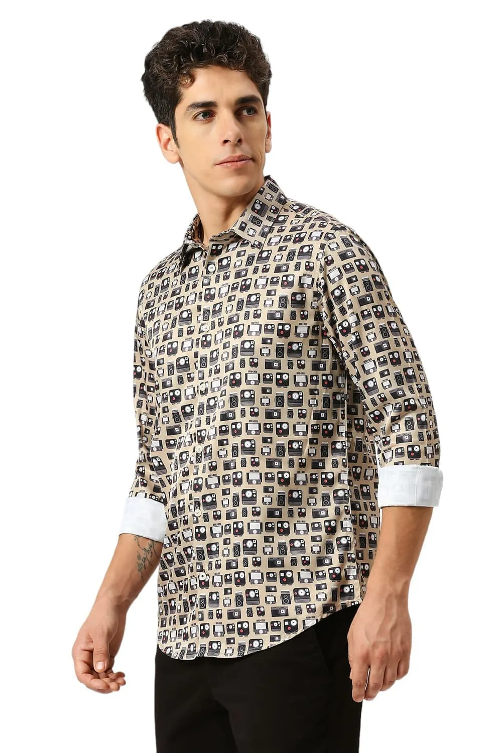 Slim Fit Polyester Stretch Twill Printed Shirt