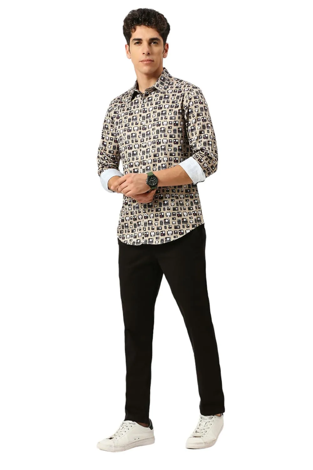 Slim Fit Polyester Stretch Twill Printed Shirt