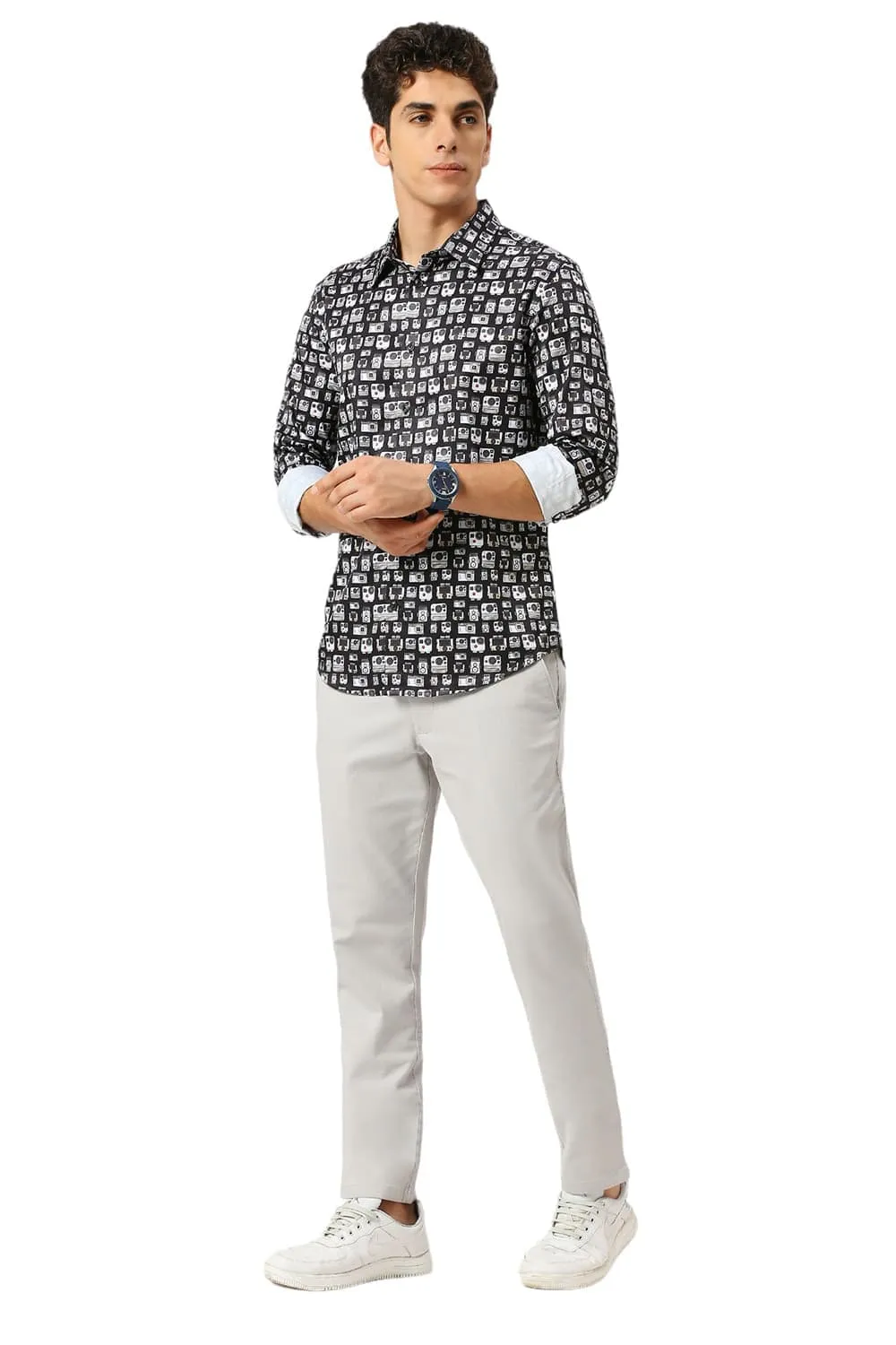 Slim Fit Polyester Stretch Twill Printed Shirt