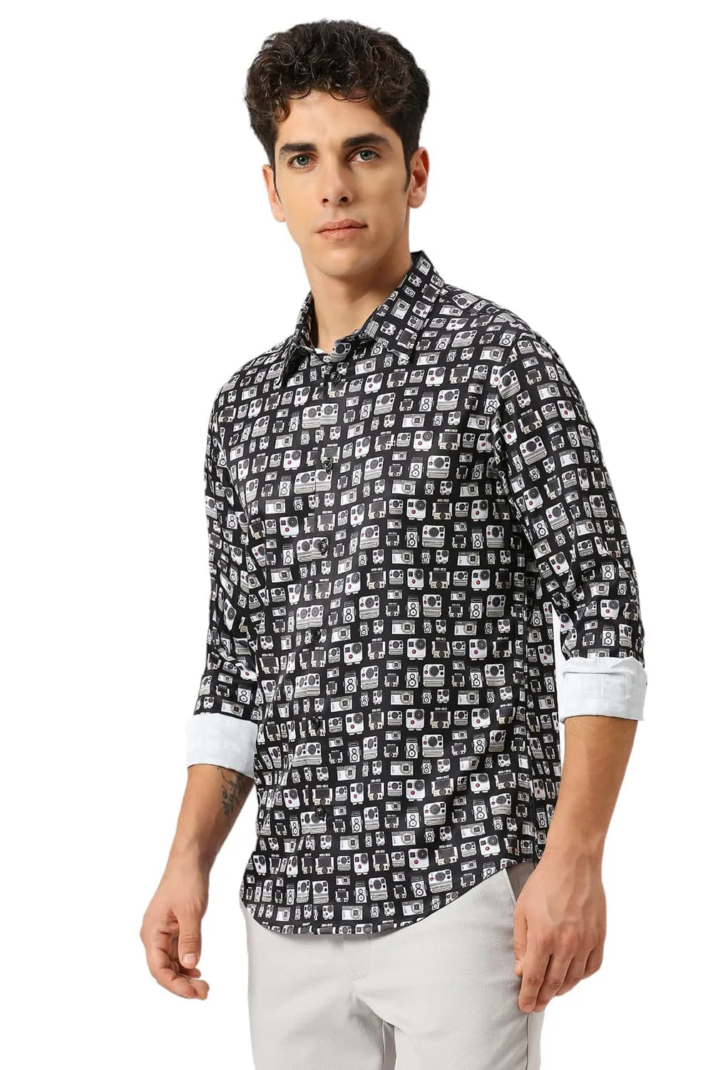 Slim Fit Polyester Stretch Twill Printed Shirt