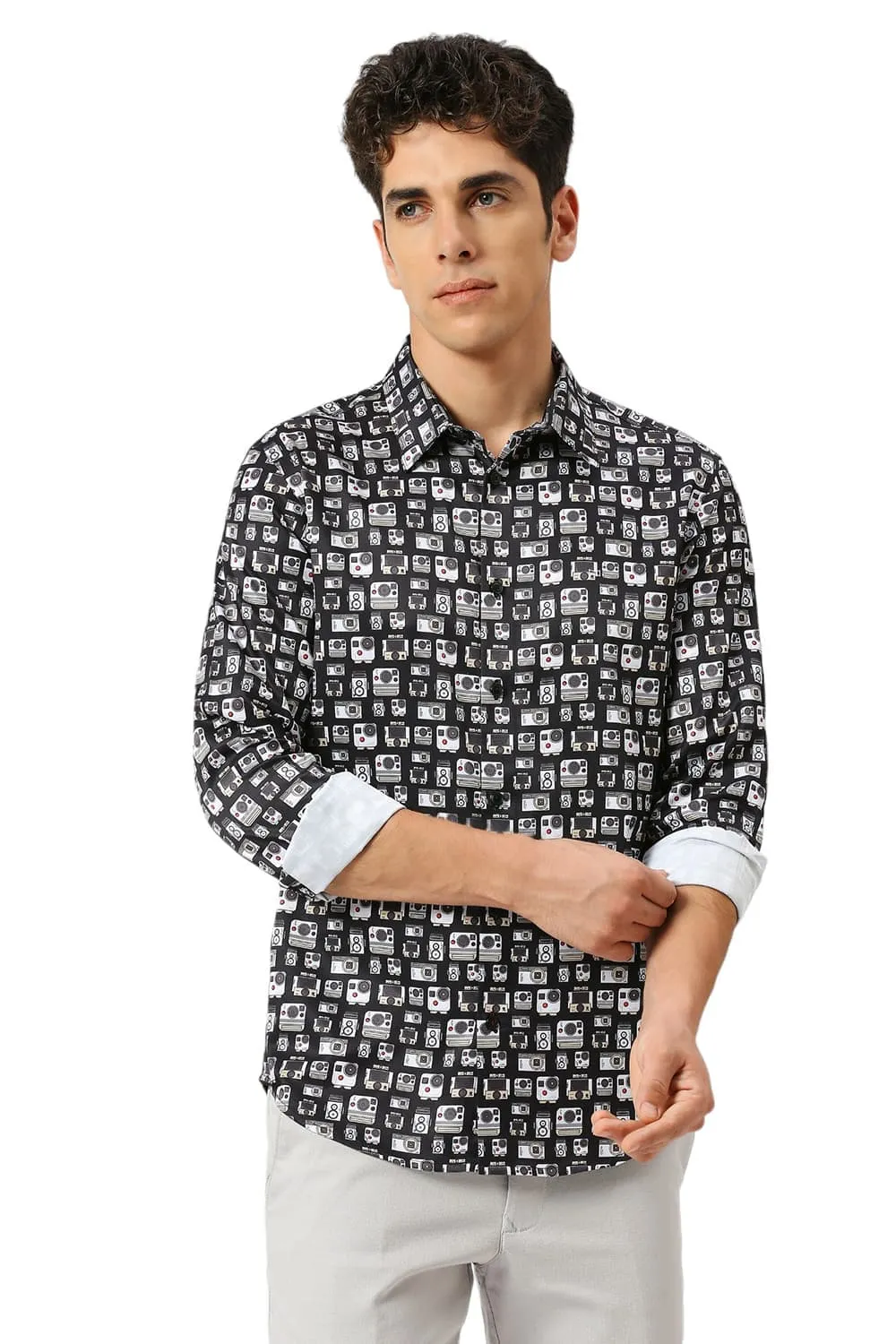 Slim Fit Polyester Stretch Twill Printed Shirt