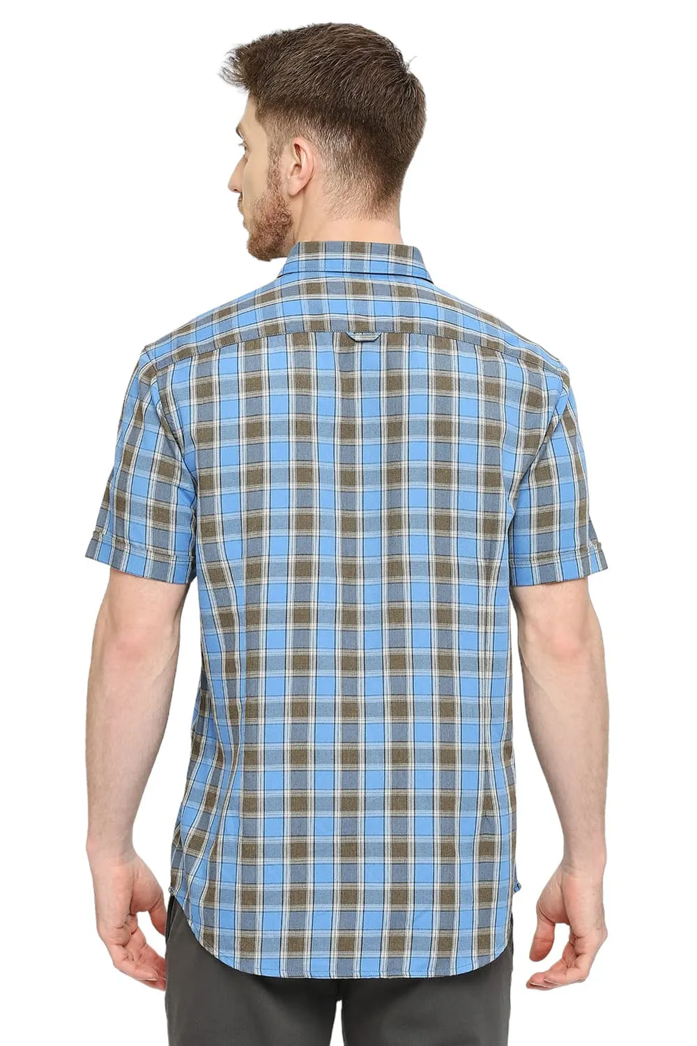 Slim Fit Polyester Viscose Checks Halfsleeves Shirt