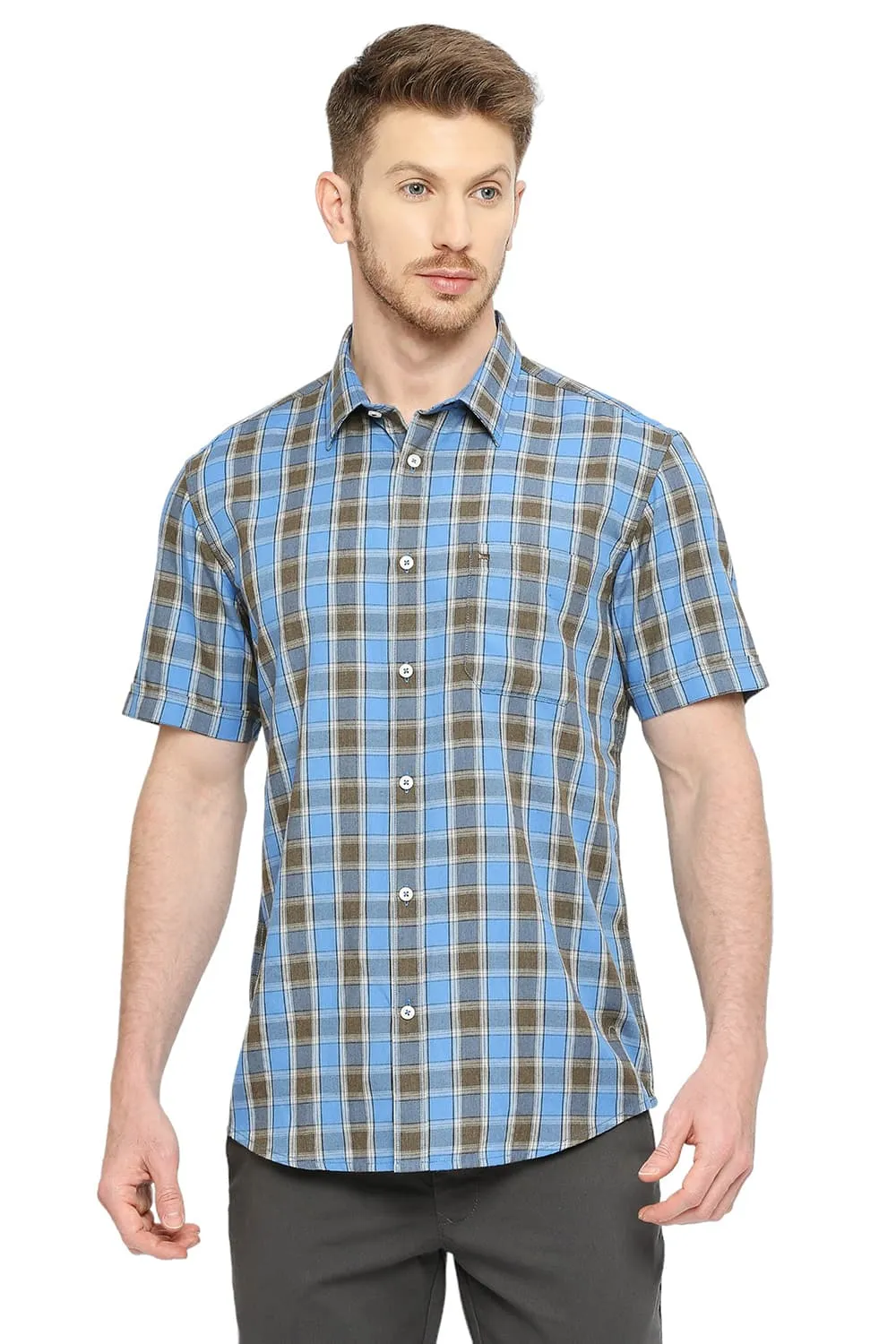 Slim Fit Polyester Viscose Checks Halfsleeves Shirt