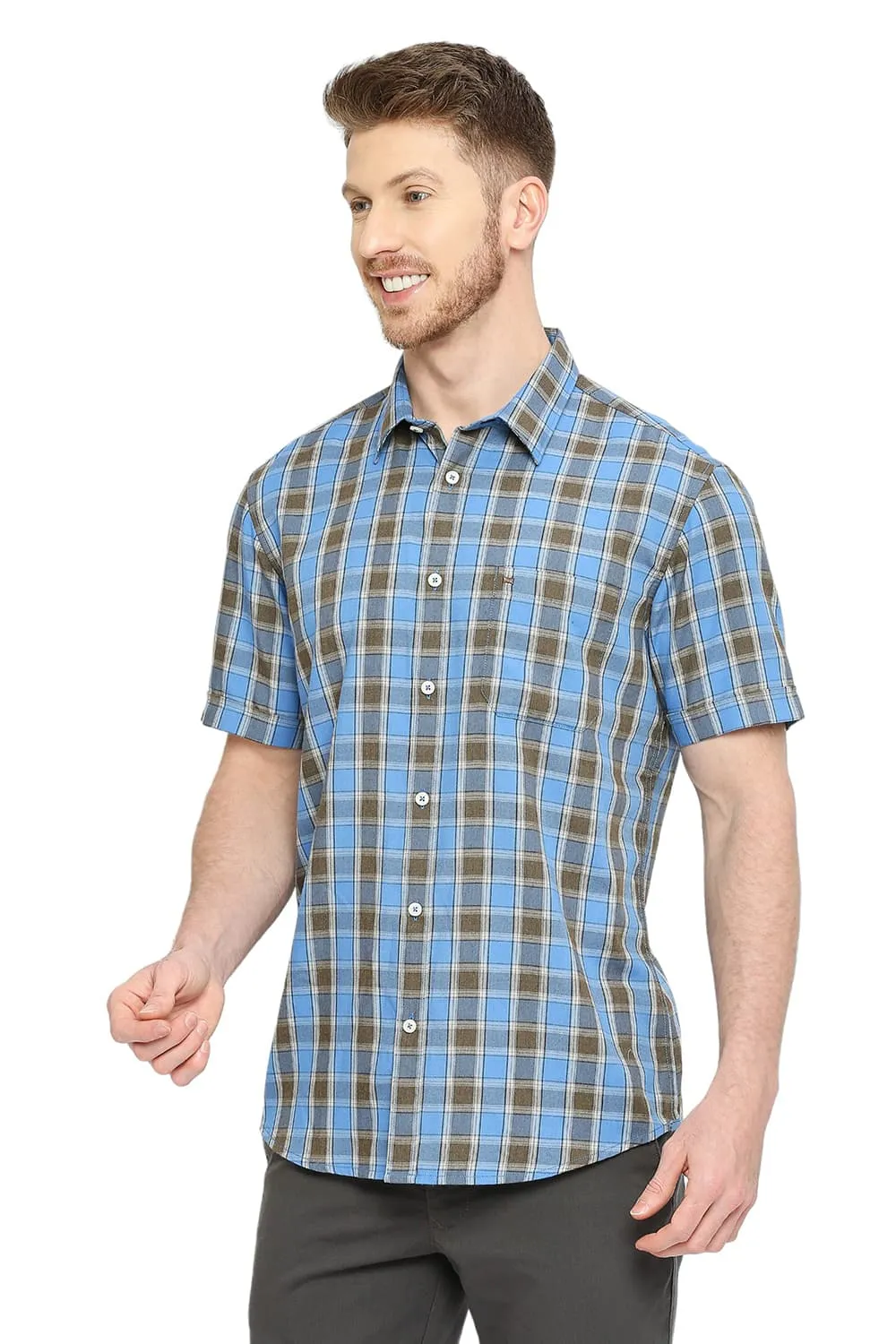 Slim Fit Polyester Viscose Checks Halfsleeves Shirt