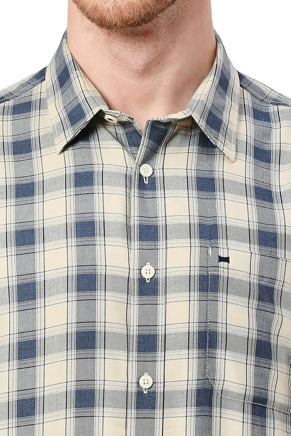 Slim Fit Polyester Viscose Checks Halfsleeves Shirt