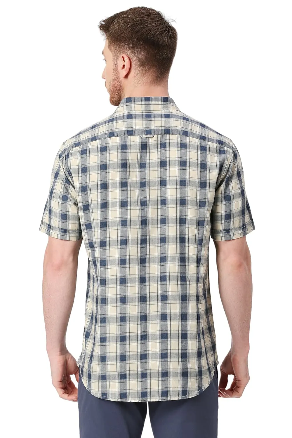 Slim Fit Polyester Viscose Checks Halfsleeves Shirt