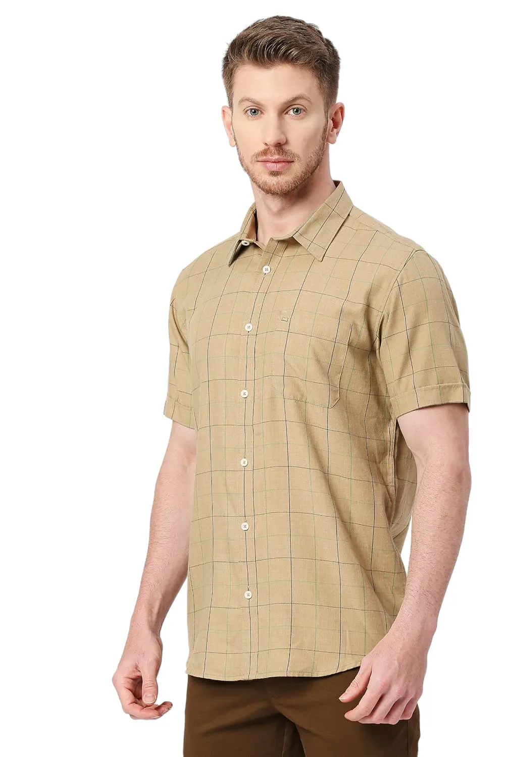 Slim Fit Polyester Viscose Melange Checks Halfsleeves Shirt