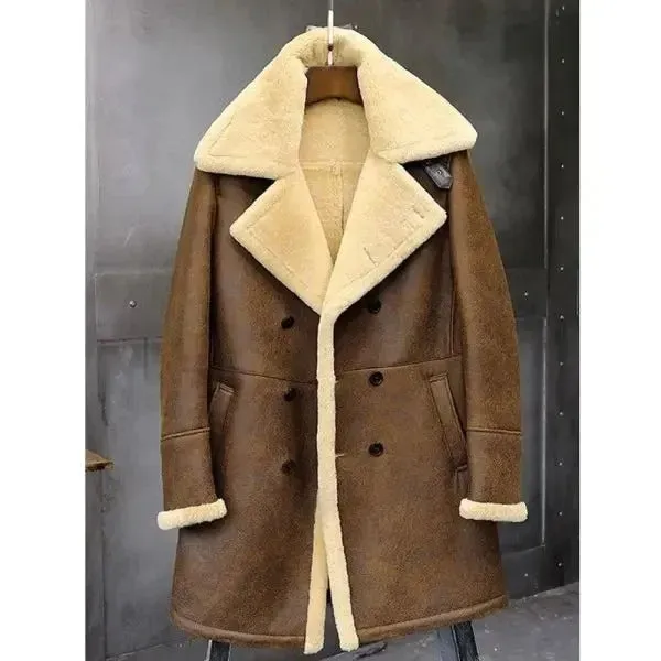 Slim Fit Sheepskin Shearling Aviator Trench Coat for Men