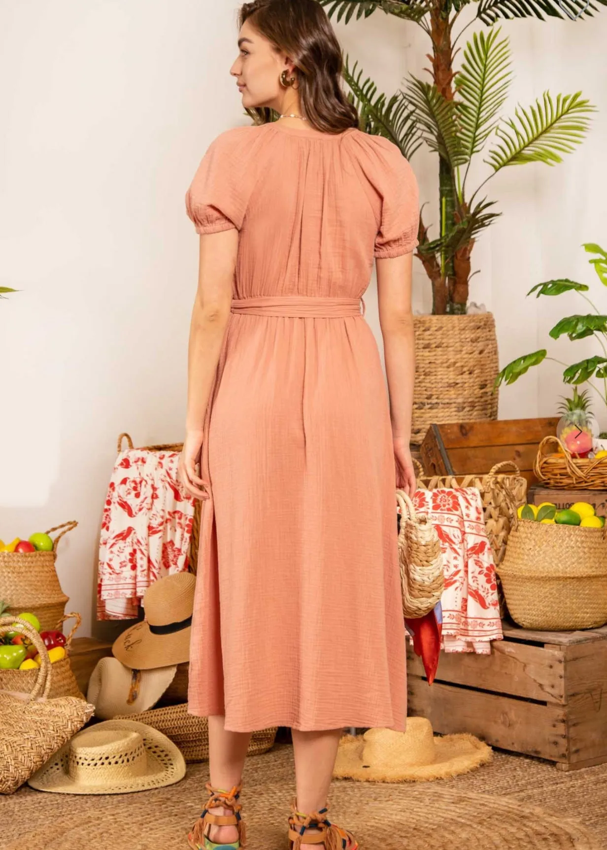 Snap Dragon, Midi Dress, Gathered Scoop Neck, Puff Sleeves, Light Sienna