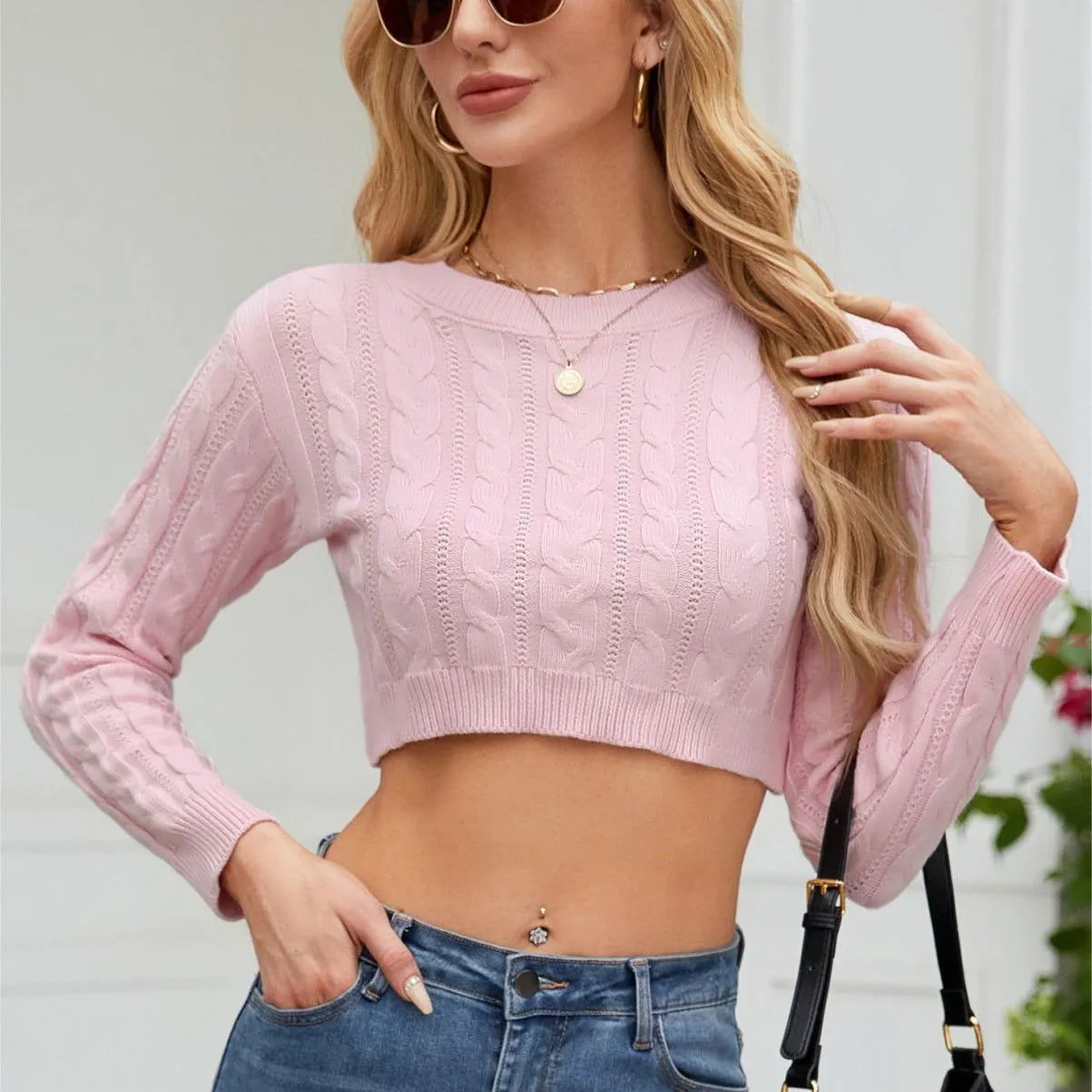 Solid Color Short Cropped Knitted Sweater Autumn Winter Twist Knitted Sweater for Women