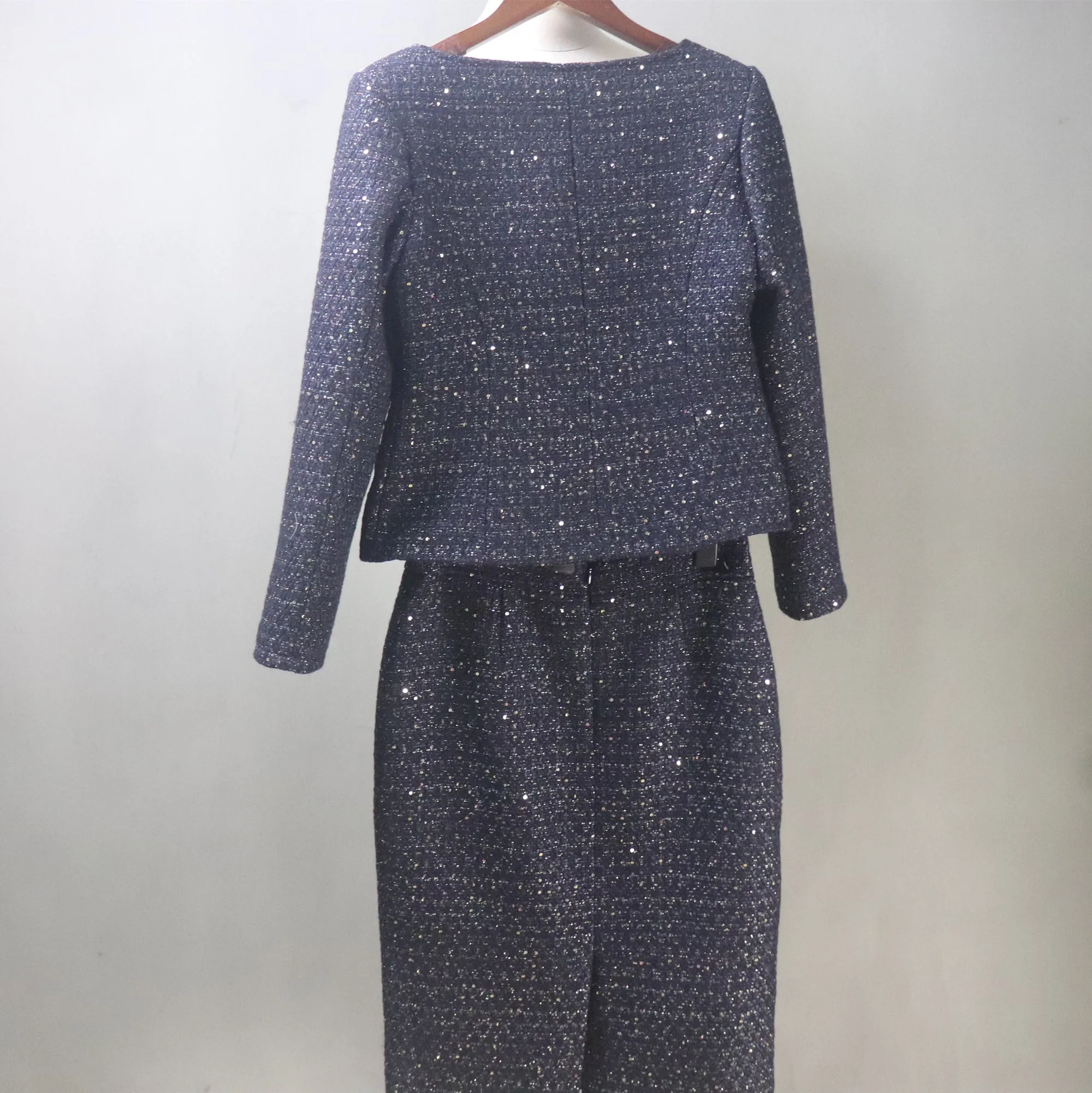 Sparkling Navy Tweed Skirt Suit with Sequins