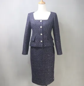 Sparkling Navy Tweed Skirt Suit with Sequins