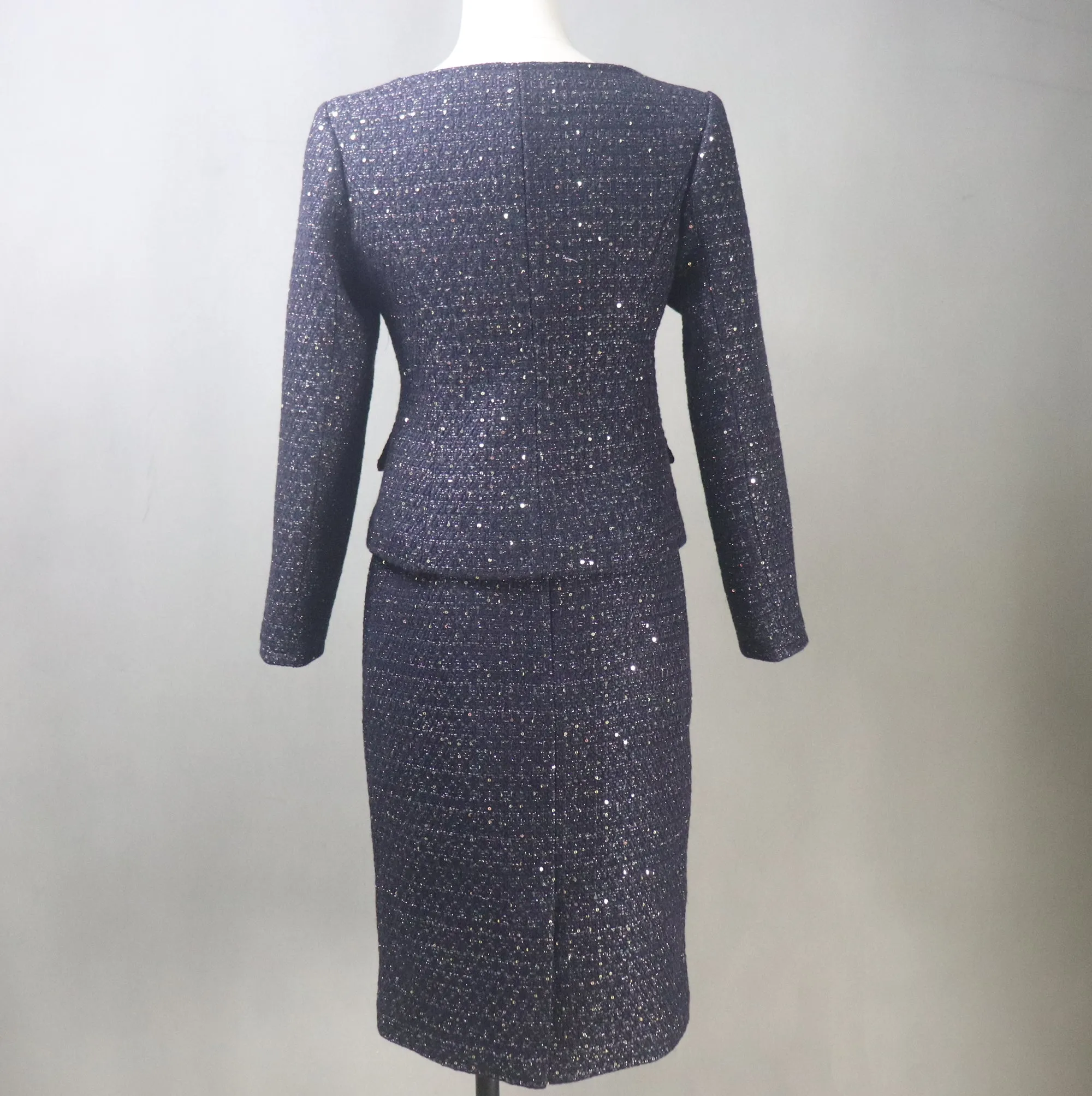 Sparkling Navy Tweed Skirt Suit with Sequins