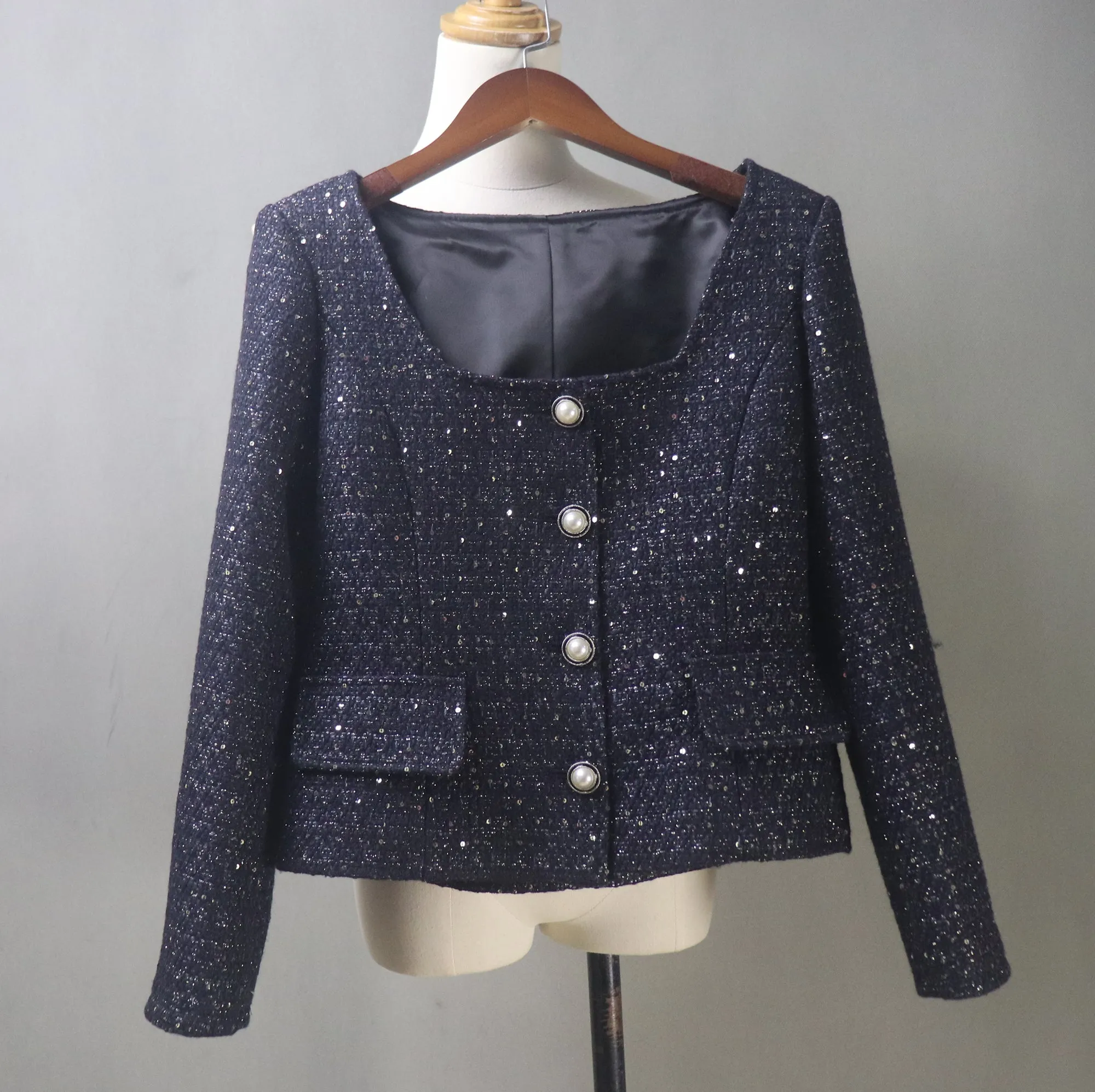 Sparkling Navy Tweed Skirt Suit with Sequins