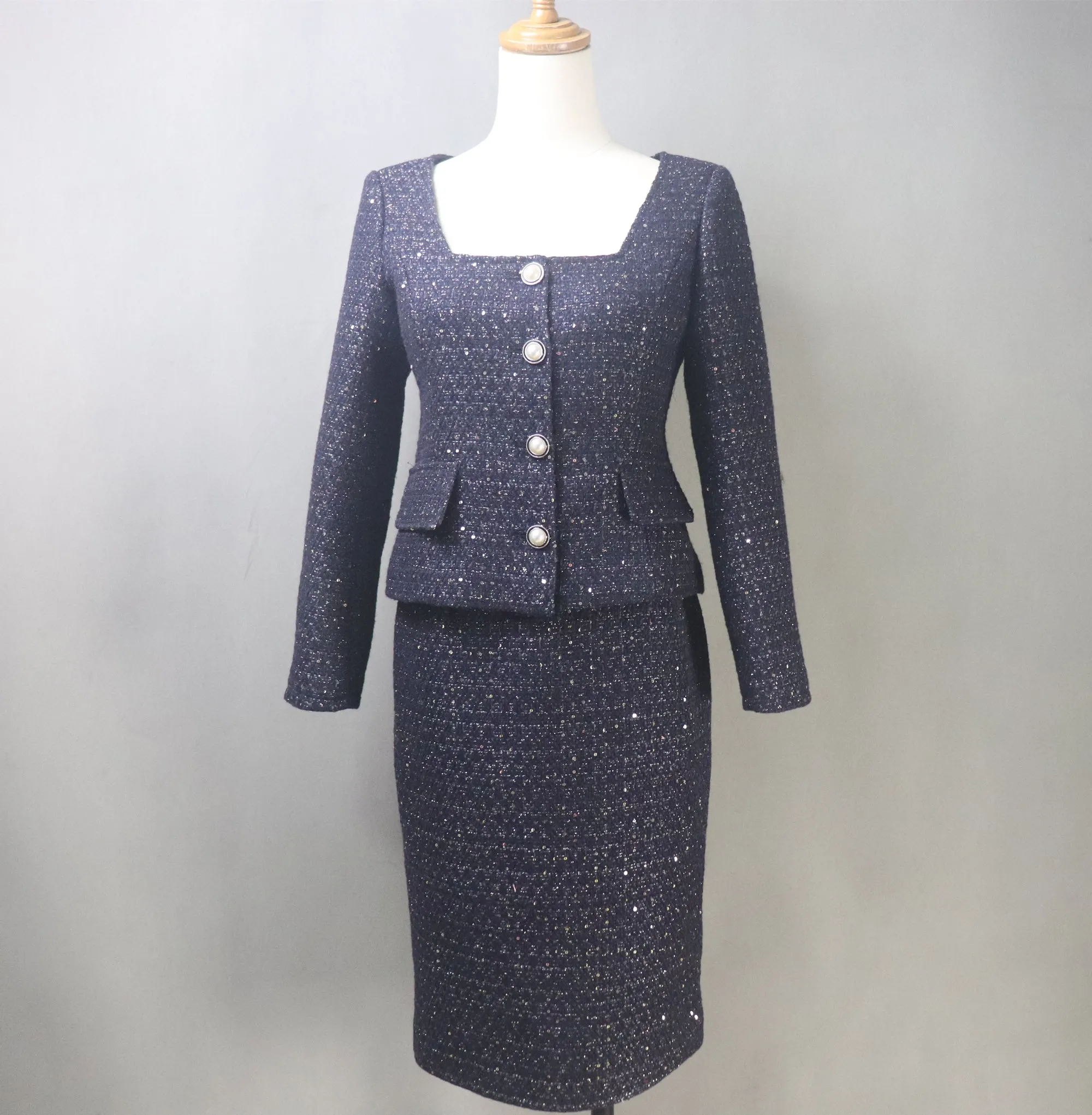 Sparkling Navy Tweed Skirt Suit with Sequins