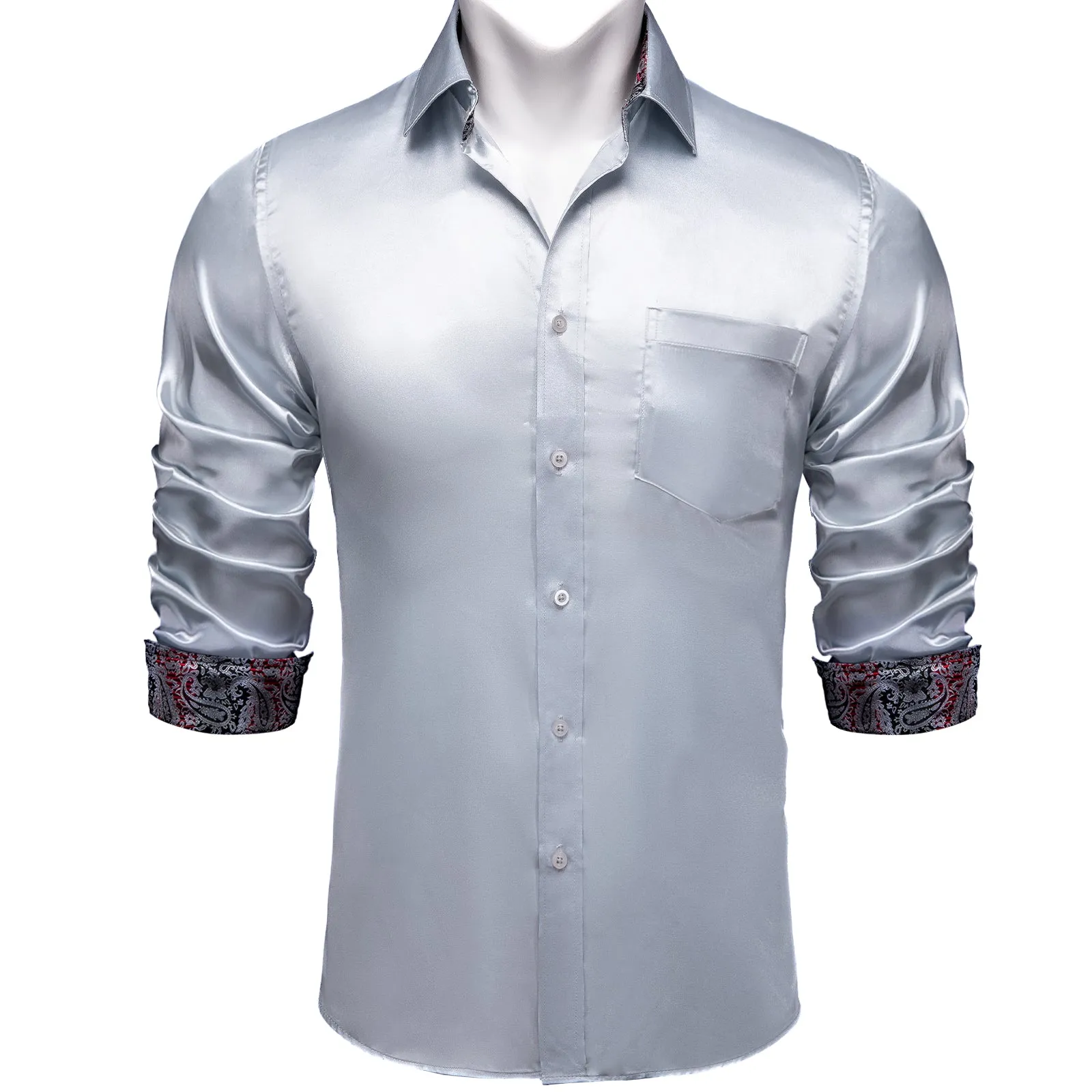 Splicing Style Silver Grey with Black Paisley Edge Men's Solid Long Sleeve Shirt