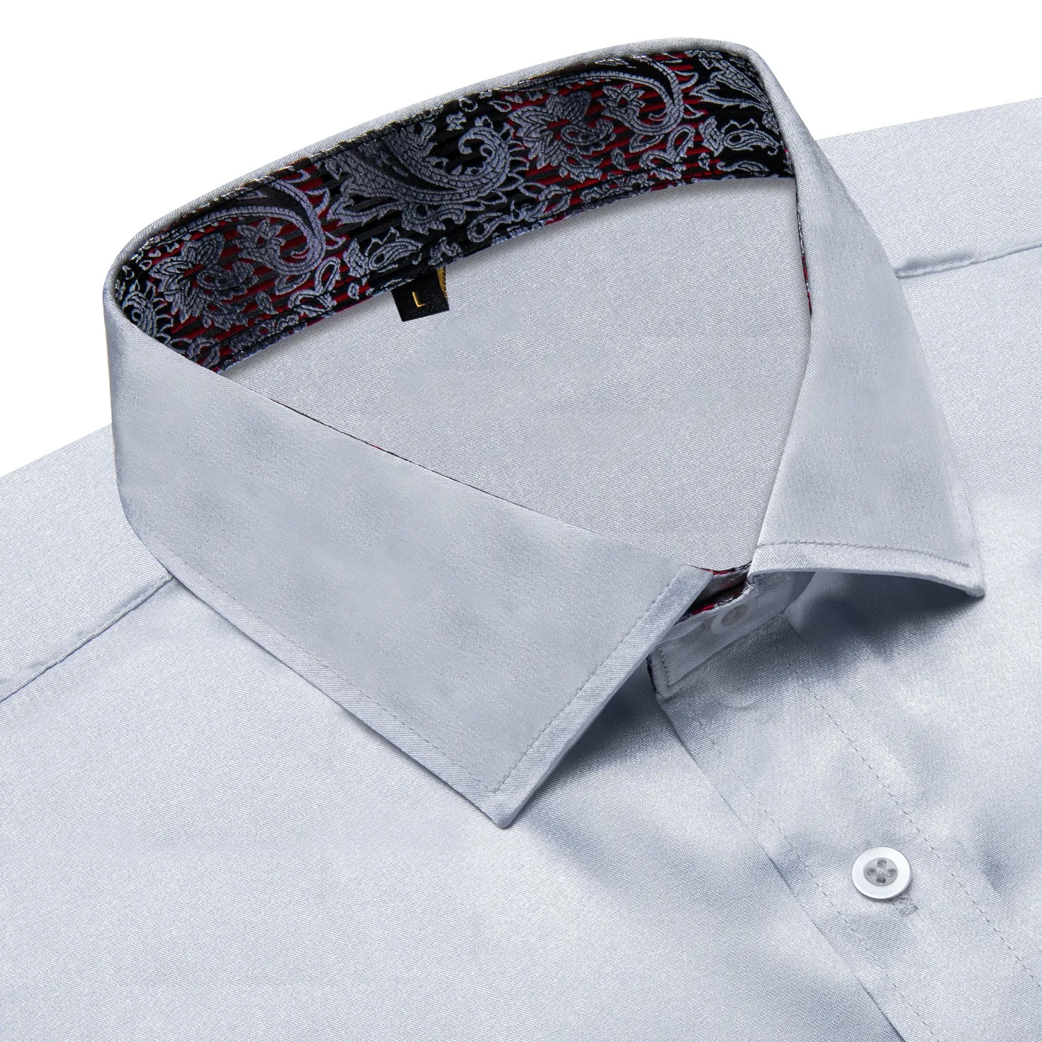 Splicing Style Silver Grey with Black Paisley Edge Men's Solid Long Sleeve Shirt