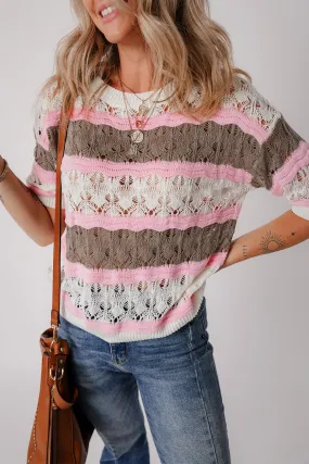 Stripe Crochet Short Sleeve Sweater