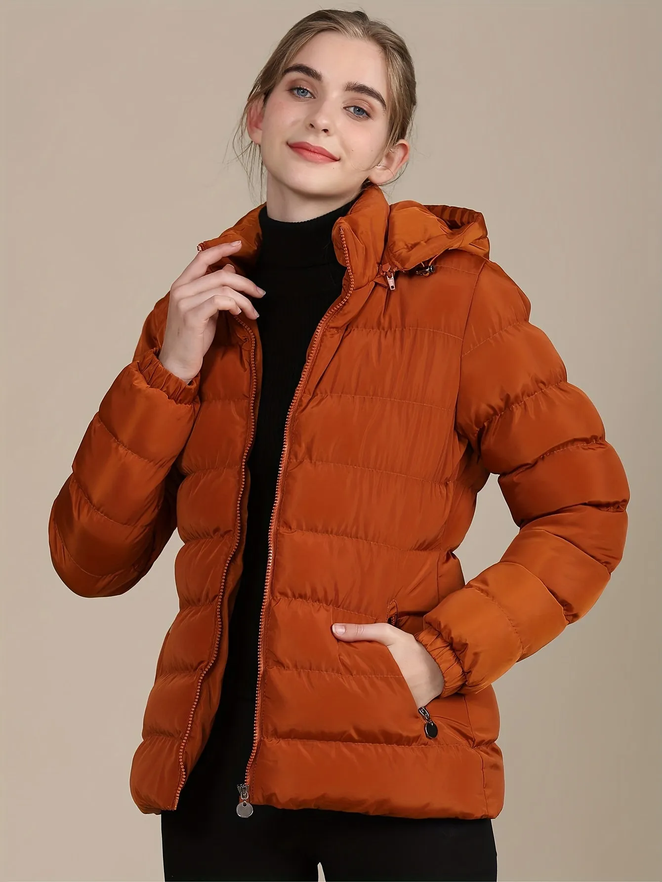 Stylish Solid Color Pocket Hooded Coat - Women's Long Sleeve Warm Winter Coat with Zip-Up Closure, Versatile and Cozy Outerwear for Cold Weather - Perfect for Daily Life and Outdoor Activities