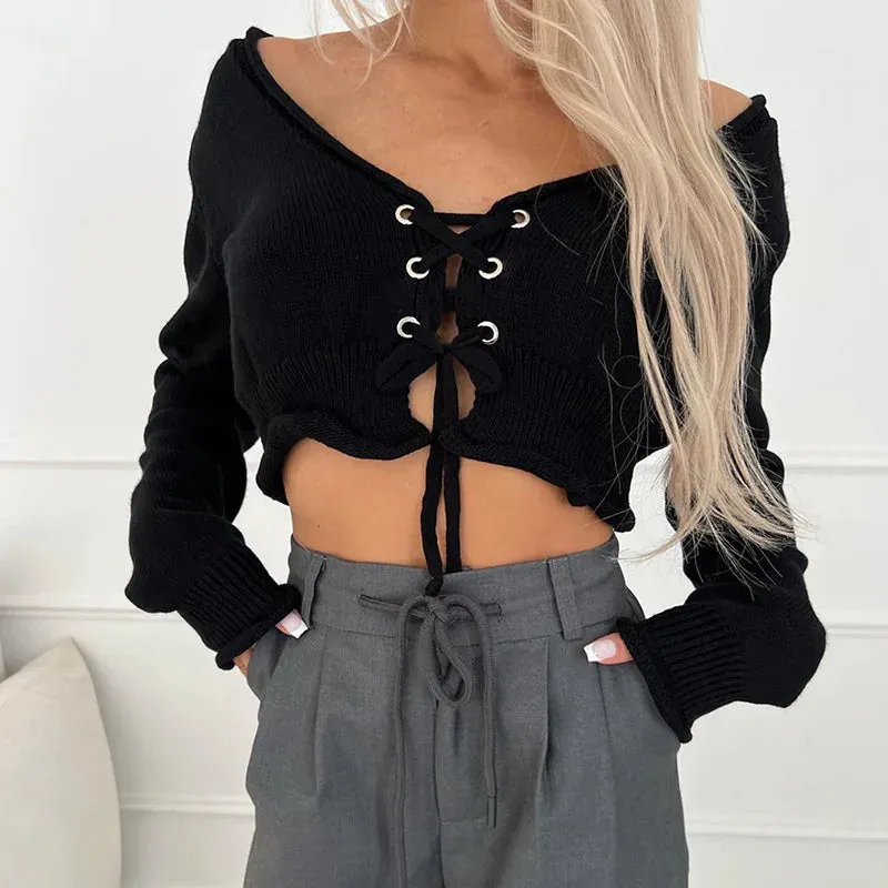 TAVIMART  -  Knitted Backless Lacing Crop Sweater Women Solid Spliced Off Shoulder Long Sleeve Slim Versatile Pullover Top Streetwear