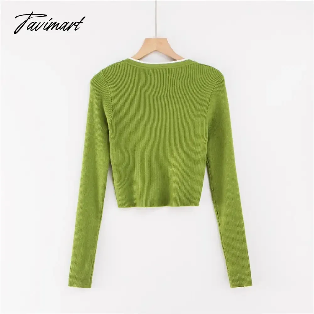 Tavimart Korean fashion cropped sweater vintage clothes v neck sweater long sleeve crop top knitted vintage sweaters for women fashion