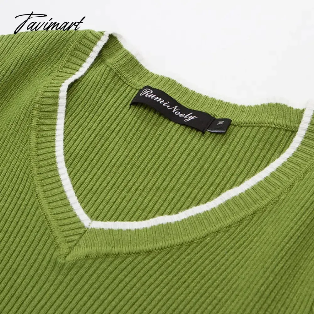 Tavimart Korean fashion cropped sweater vintage clothes v neck sweater long sleeve crop top knitted vintage sweaters for women fashion