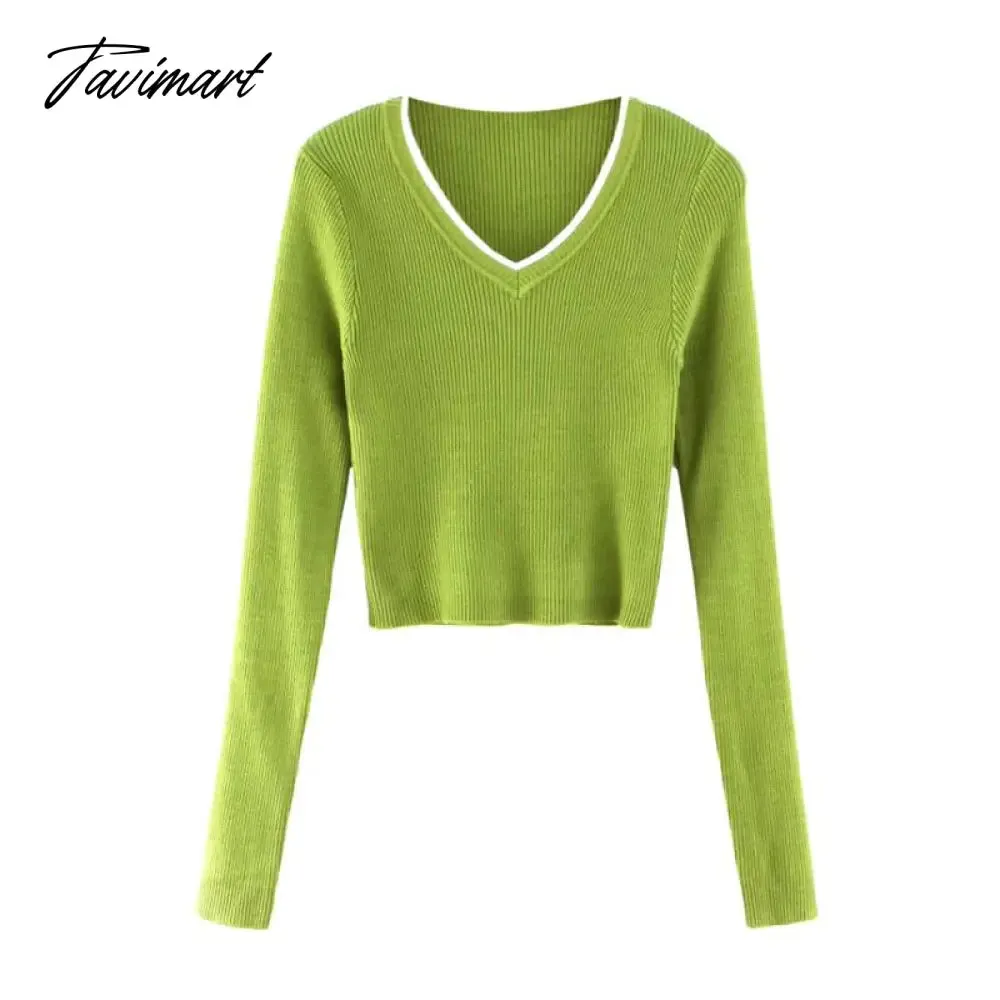 Tavimart Korean fashion cropped sweater vintage clothes v neck sweater long sleeve crop top knitted vintage sweaters for women fashion