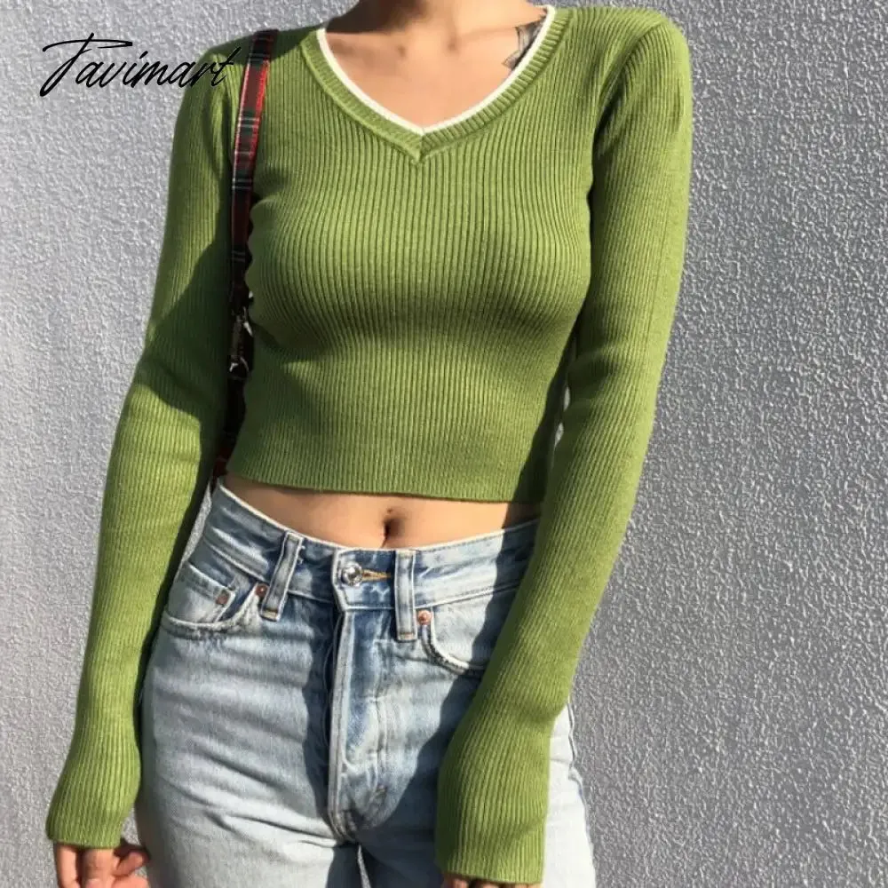 Tavimart Korean fashion cropped sweater vintage clothes v neck sweater long sleeve crop top knitted vintage sweaters for women fashion