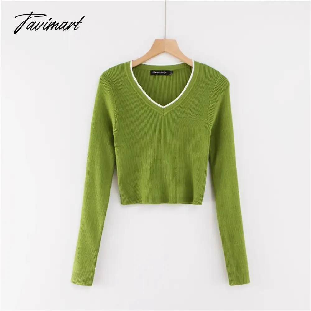 Tavimart Korean fashion cropped sweater vintage clothes v neck sweater long sleeve crop top knitted vintage sweaters for women fashion