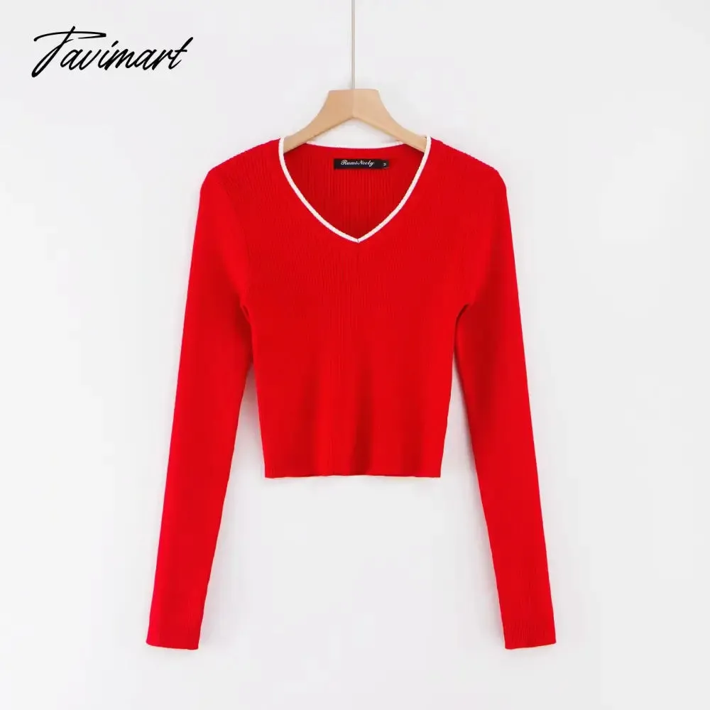 Tavimart Korean fashion cropped sweater vintage clothes v neck sweater long sleeve crop top knitted vintage sweaters for women fashion