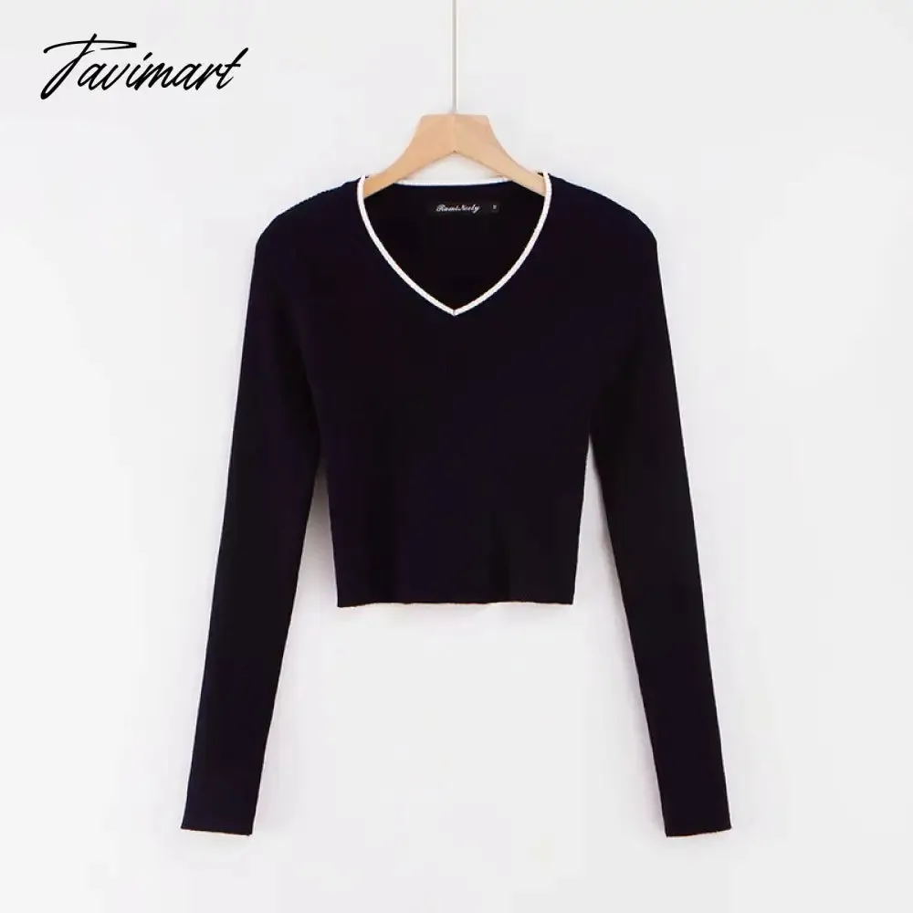 Tavimart Korean fashion cropped sweater vintage clothes v neck sweater long sleeve crop top knitted vintage sweaters for women fashion