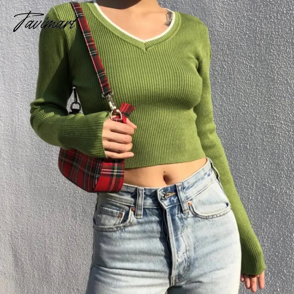 Tavimart Korean fashion cropped sweater vintage clothes v neck sweater long sleeve crop top knitted vintage sweaters for women fashion