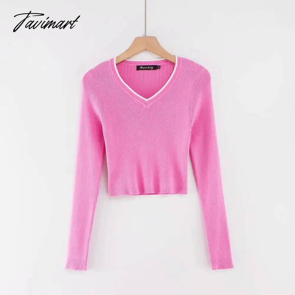 Tavimart Korean fashion cropped sweater vintage clothes v neck sweater long sleeve crop top knitted vintage sweaters for women fashion