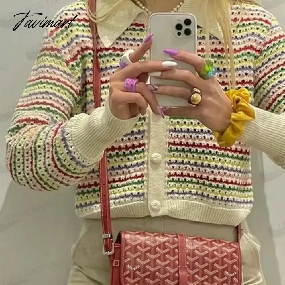 TAVIMART -  Rainbow Stripe Knitted Sweater Y2K Tops Harajuku Za Women Autumn Cute Fashion Long Sleeve Crop Cardigan Korean Buttons Up Jumper