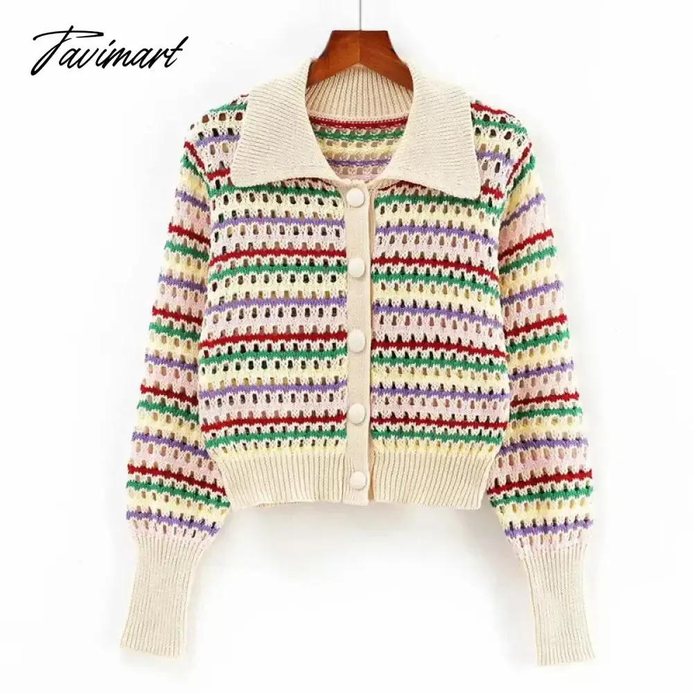 TAVIMART -  Rainbow Stripe Knitted Sweater Y2K Tops Harajuku Za Women Autumn Cute Fashion Long Sleeve Crop Cardigan Korean Buttons Up Jumper