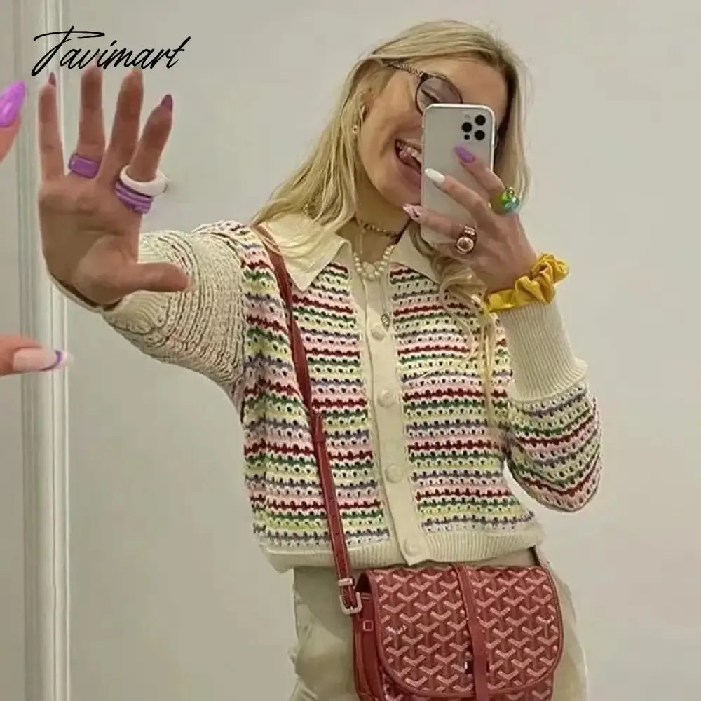 TAVIMART -  Rainbow Stripe Knitted Sweater Y2K Tops Harajuku Za Women Autumn Cute Fashion Long Sleeve Crop Cardigan Korean Buttons Up Jumper