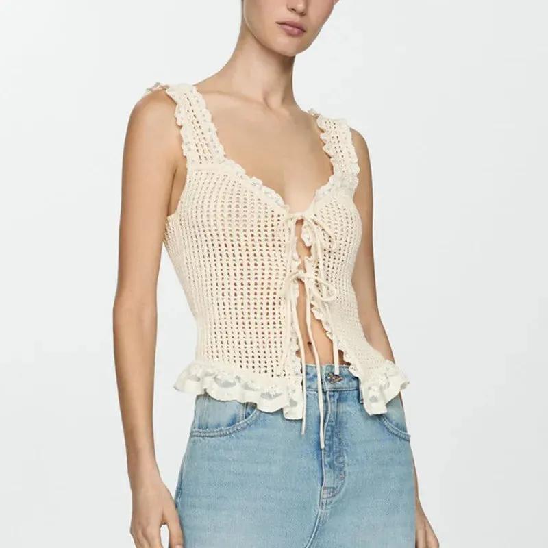 TAVIMART  -  Women Y2k Crochet Knit Vest Top Button Down Tie Front Tops Crochet Sweater Vest V Neck Sleeveless Crop Top Streetwear