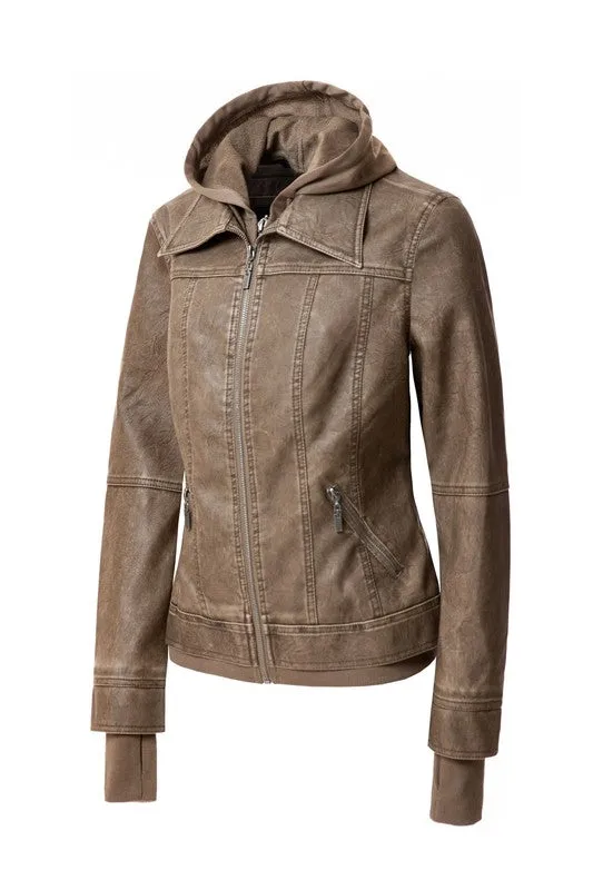 TEEK - Women Detachable Hood PU Leather Jacket