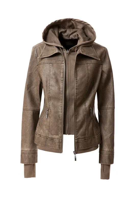 TEEK - Women Detachable Hood PU Leather Jacket